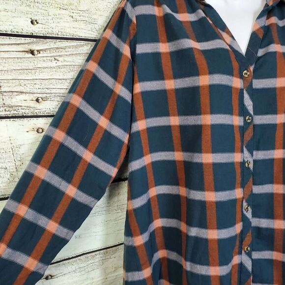 Knox Rose Women’s Plaid Button Down Tunic Shirt Size M Blue Rust Long Sleeve Top - Picture 2 of 4